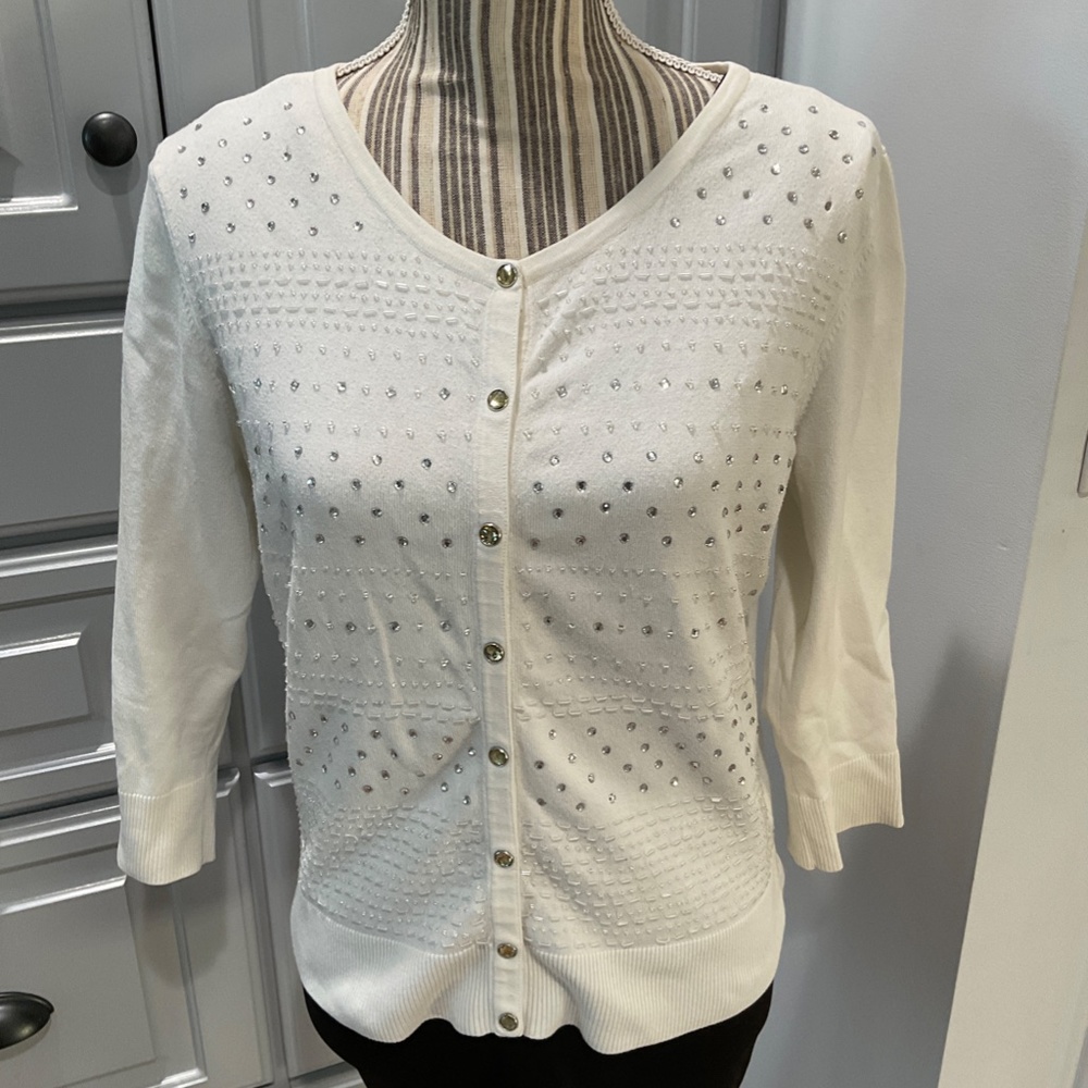 White Crystal Covered 3/4 Sleeve Snap Cardigan, Size M